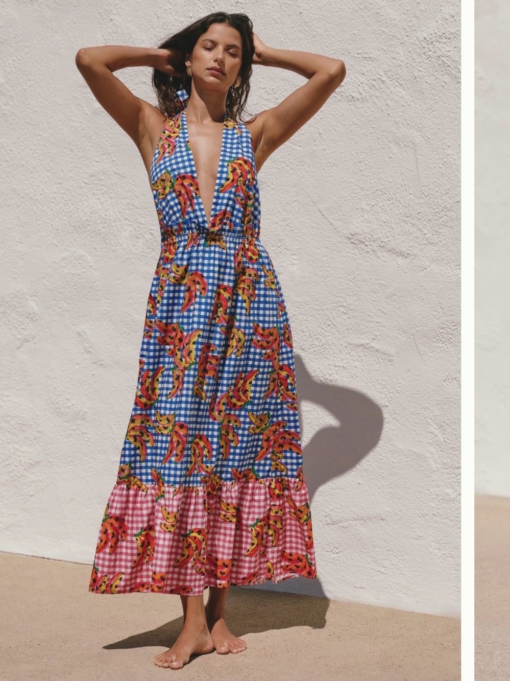 FARM Rio Blue and Pink Gingham Maxi Dress with Banana Print